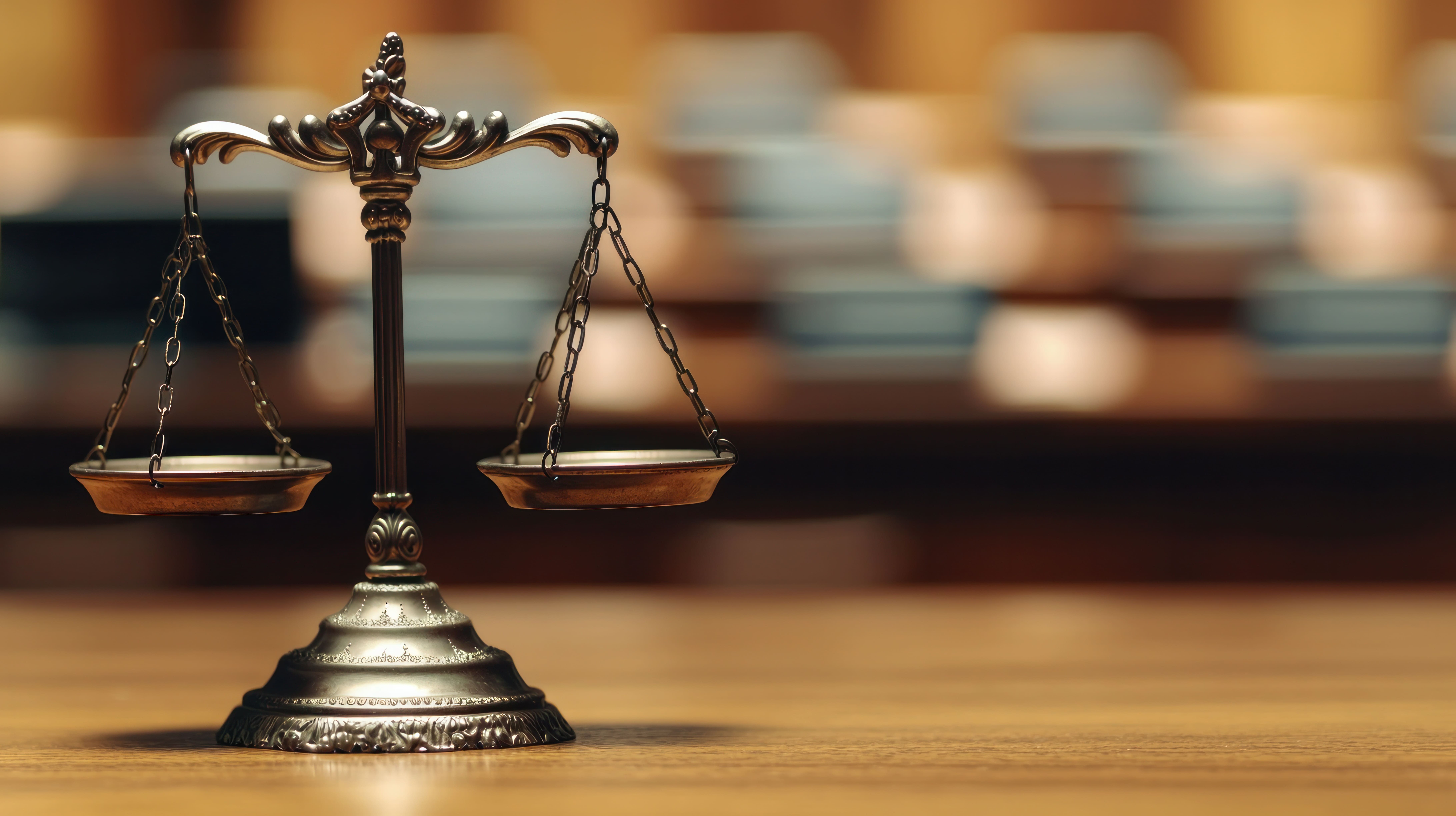 A vintage bronze scale of justice sitting on a wooden desk with a blurred background.