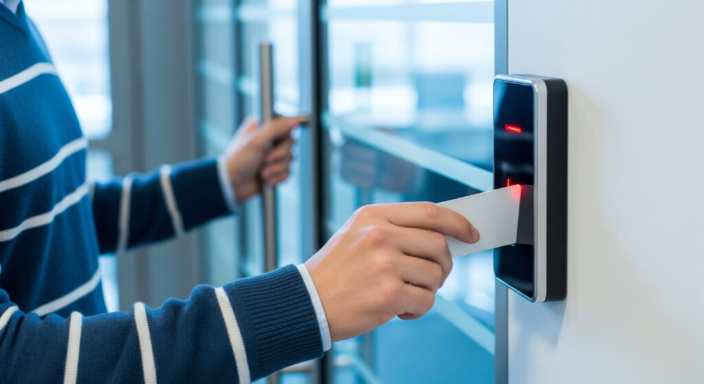 A person using a key card to scan into a secure glass-door entrance.