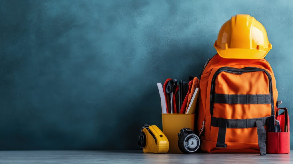An orange backpack and yellow hard hat arranged against a textured blue background.