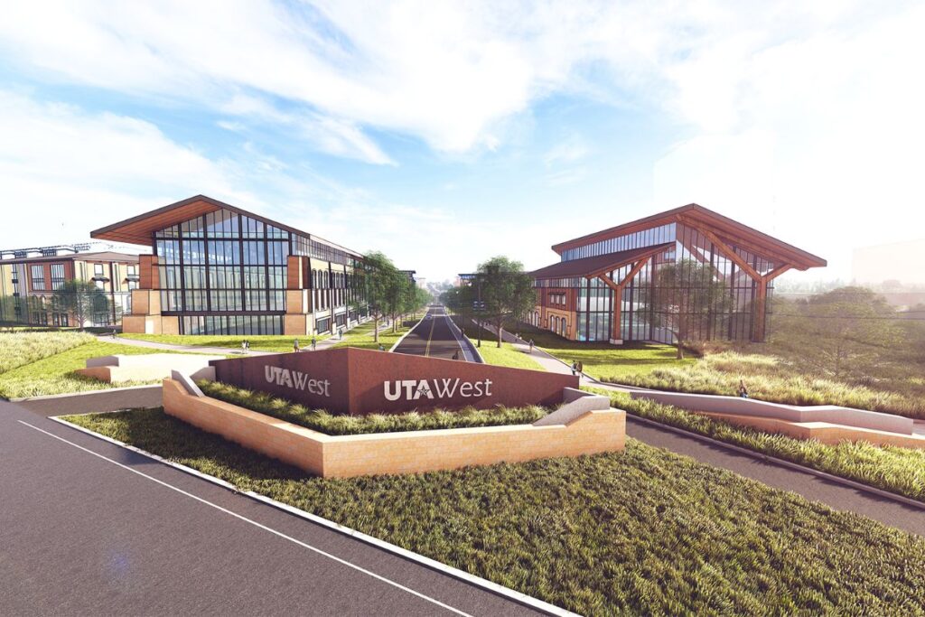Architectural rendering of the UTA West campus featuring modern buildings and monument signage.